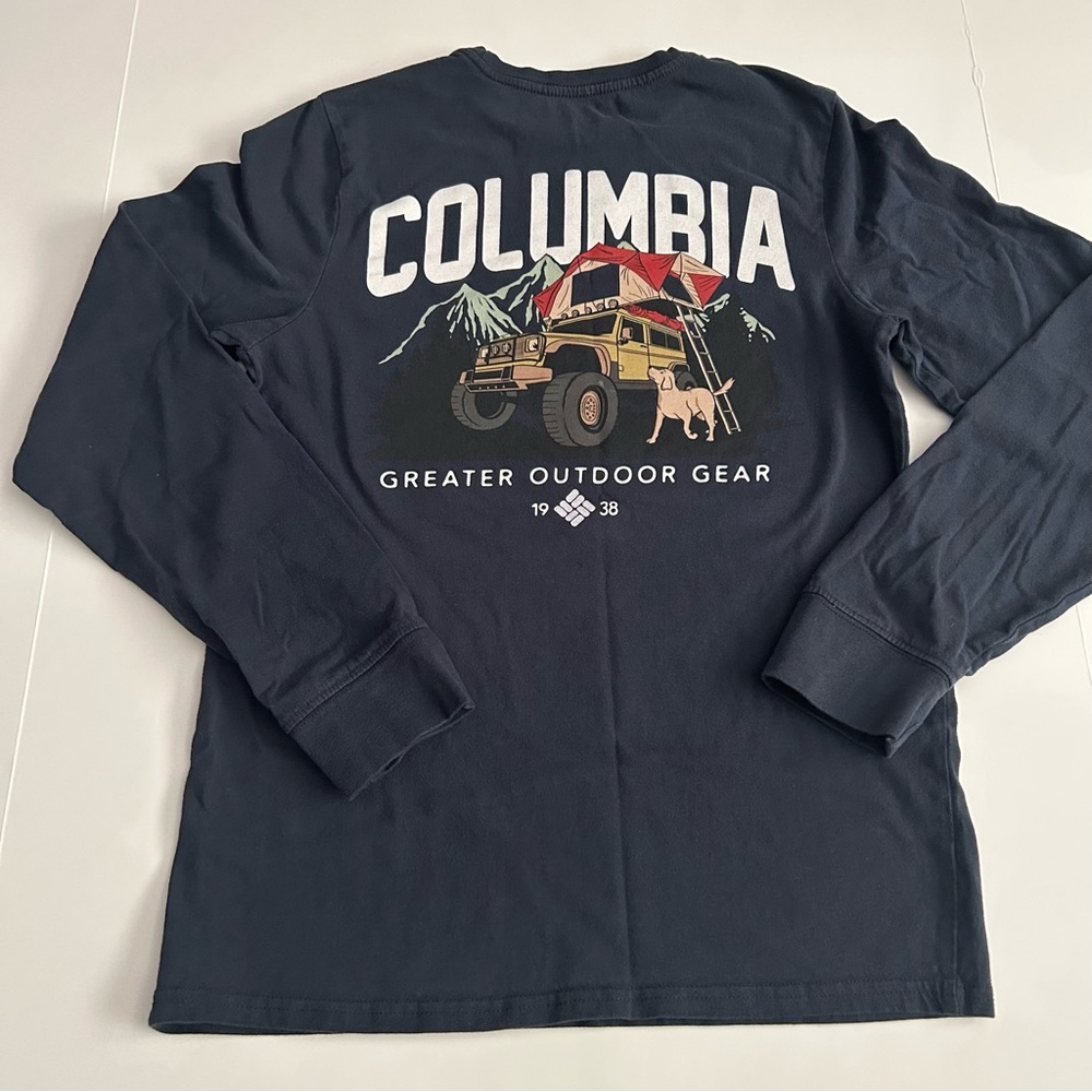 Columbia Navy Crew Neck Graphic Cotton Long Sleeve Camping Overlanding T-Shirt S